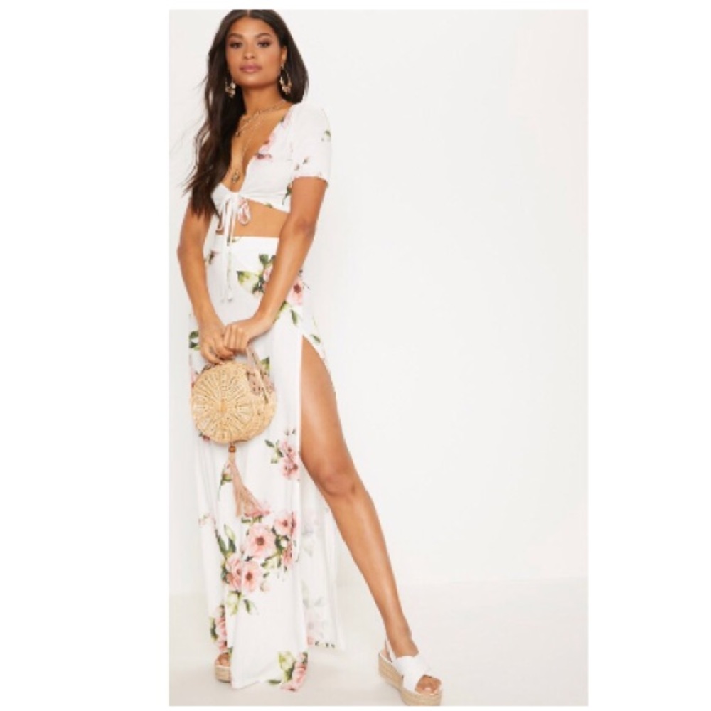 White Floral Maxi Skirt with a Slit- Size 2